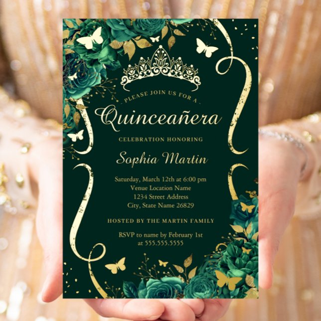 Invitation En Aluminium Butterfly florale d'émeraude Tiara Quinceanera (Créateur téléchargé)