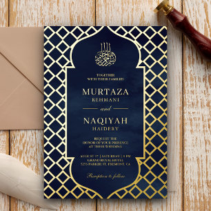 Invitation En Aluminium Cadre Antique Bleu Marine Mariage Musulman Or