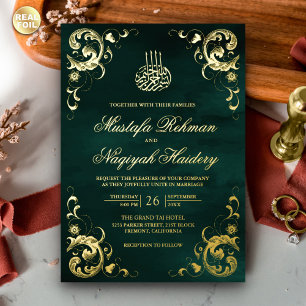 Invitation En Aluminium Cadre antique Emerald Green Mariage islamique Or