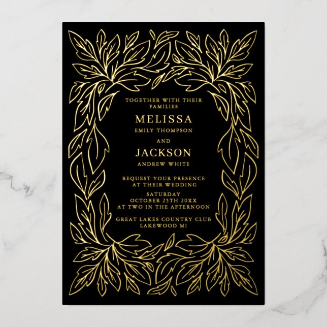 Invitation En Aluminium Cadre botanique moderne Mariage élégant Noir (Recto)