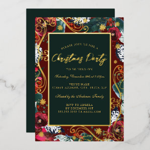 Invitation En Aluminium Cadre de fleurs tourbillonnant rouge vert or fête