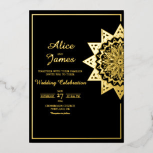 Invitation En Aluminium Cadre de Mandala Stellaire Élégant Mariage Noir et