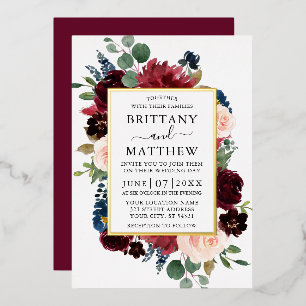 Invitation En Aluminium Cadre de mariage floral aquarelle bordeaux or