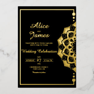 Invitation En Aluminium Cadre de perles Mandala Élégant Mariage Noir Feuil