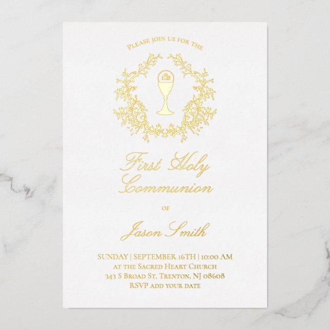 Invitation En Aluminium cadre de verdure élégant Première communion (Recto)