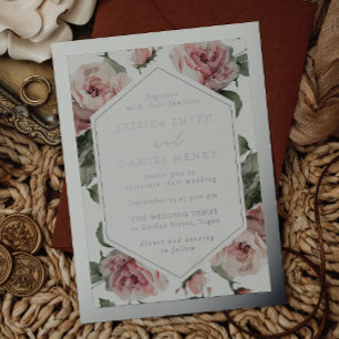 Invitation En Aluminium Cadre en feuille d'argent Mariage floral rose