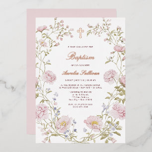 Invitation En Aluminium Cadre floral rose Baptême