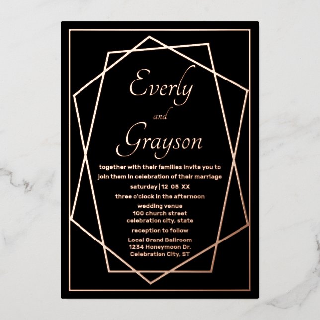 Invitation En Aluminium Cadre géométrique abstrait rose gold mariage Fo (Recto)