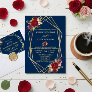 Invitation En Aluminium Cadre géométrique or fleur aquarelle bordeaux
