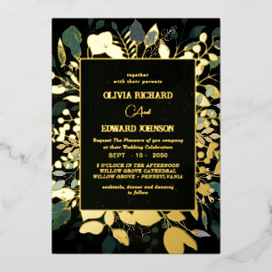 Invitation En Aluminium Cadre géométrique vert et or feuillage