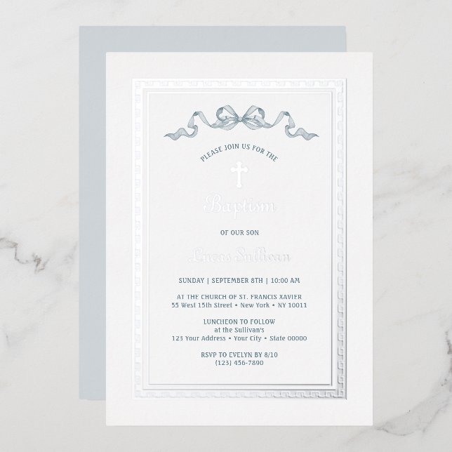 Invitation En Aluminium Cadre grec argent Dusty Blue Bow Baptisé (Recto/Verso)