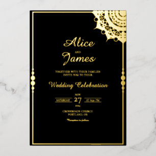 Invitation En Aluminium Cadre Mandala Classique Mariage Noir Feuille d'Or