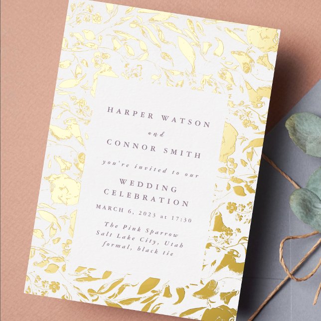 Invitation En Aluminium Cadre Mariage Fleur sauvage feuille or pressé (Créateur téléchargé)