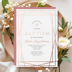 Invitation En Aluminium Cadre Moderne Rose Fille Baptême Or Rose