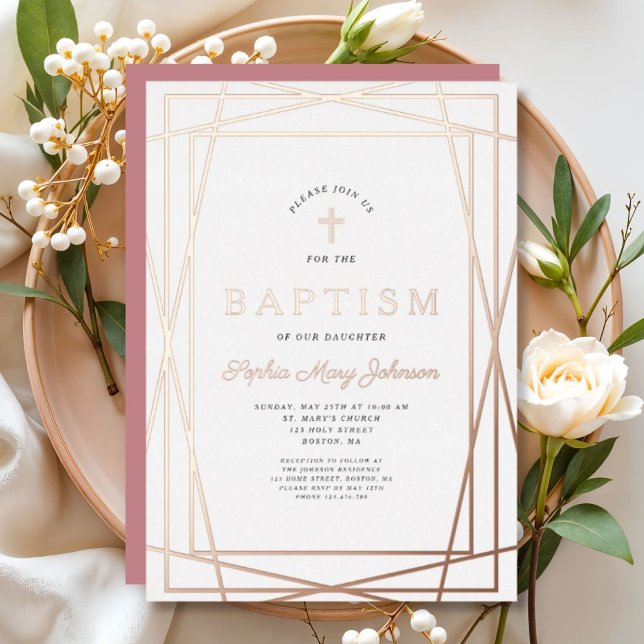 Invitation En Aluminium Cadre moderne rose fille Baptême Rose Or (Modern Frame Pink Girl Baptism Rose Gold Foil Invitation)