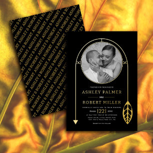 Invitation En Aluminium Cadre or avec feuille et photo mariage noir