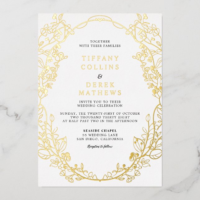 Invitation En Aluminium Cadre Orné Elégant Mariage Or (Recto)