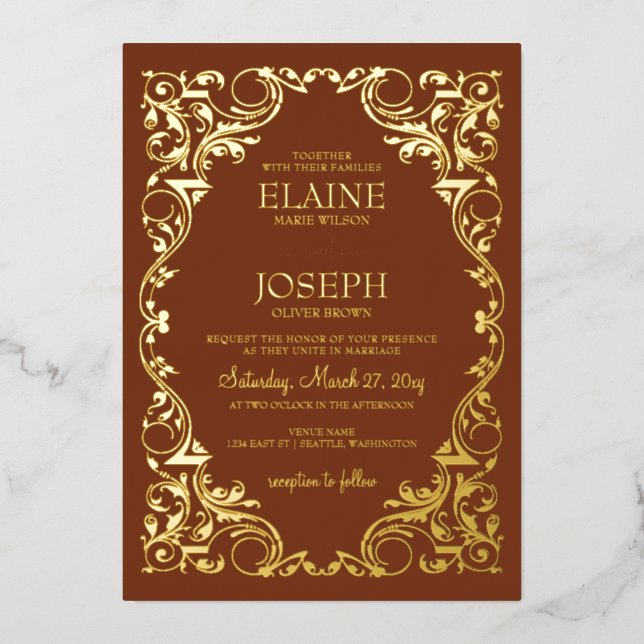Invitation En Aluminium Cadre Orné Élégant Rustique Terracotta Mariage (Recto)