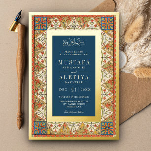 Invitation En Aluminium Cadre Persan Vintage Bleu Mariage Musulman Or