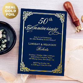 Invitation En Aluminium Cadre Rococo Bleu Nuit Anniversaire de Mariage Or