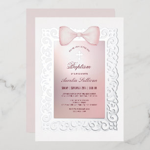 Invitation En Aluminium Cadre Vintage Baptême Ruban Rose