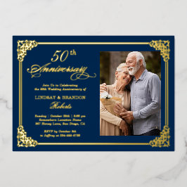 Invitation En Aluminium Cadre vintage bleu or pour photo de mariage et d'a
