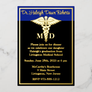 Invitation En Aluminium Caduceus Médicale School Graduation, noir/bleu