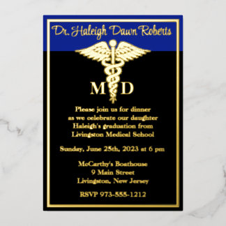 Invitation En Aluminium Caduceus Médicale School Graduation, noir/bleu