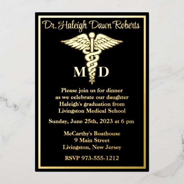 Invitation En Aluminium Caduceus Médicale School Graduation, Noir/Or (Recto)