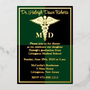 Invitation En Aluminium Caduceus Médicale School Graduation, vert/noir