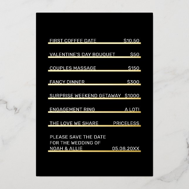 Invitation En Aluminium Café Menu Fun Unique Enregistrer la Date Gold (Recto)