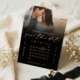 Invitation En Aluminium Calendrier de mariage minimal noir Photo Save the