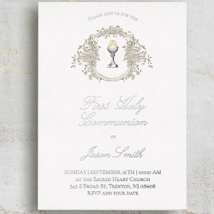 Invitation En Aluminium calice de première communion catholique beige gris