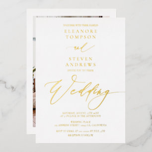 Invitation En Aluminium Calligraphie chic classique mariage or blanc