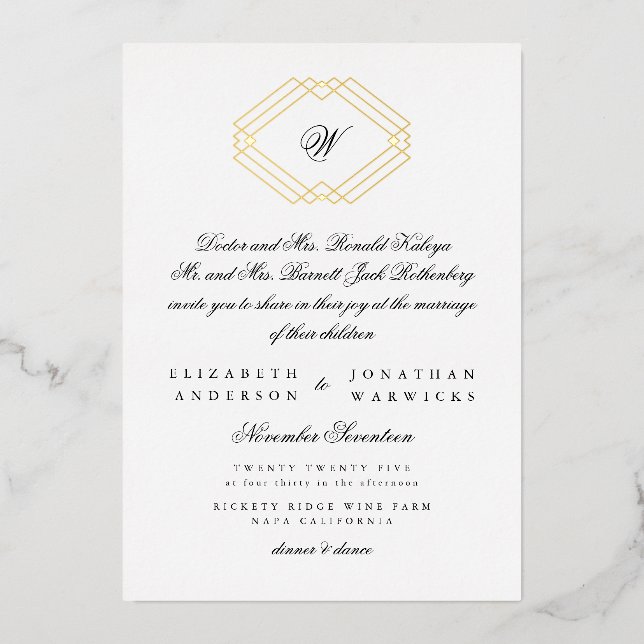 Invitation En Aluminium Calligraphie classique Monogramme Gold Déco Mariag (Devant)
