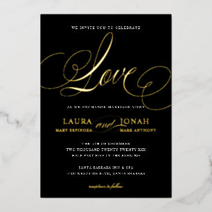 Invitation En Aluminium Calligraphie d'amour romantique noir or