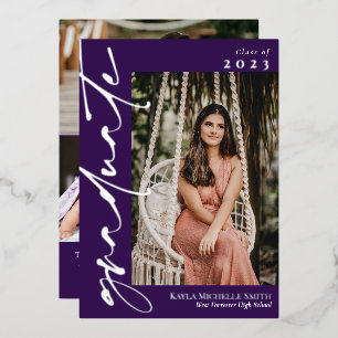 Invitation En Aluminium Calligraphie d'argent violet foncé