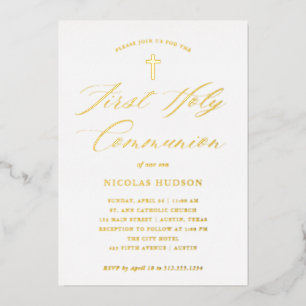 Invitation En Aluminium Calligraphie dorée et croix   Première communion