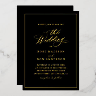 Invitation En Aluminium Calligraphie élégante mariage noir feuille d'or