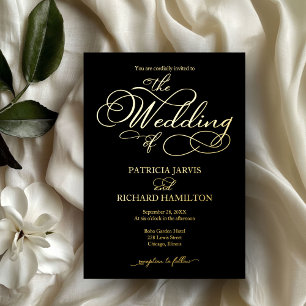 Invitation En Aluminium Calligraphie Élégante Mariage Noir Or