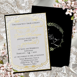 Invitation En Aluminium Calligraphie Faux Gaufrage Élégante - Blanc/Noir