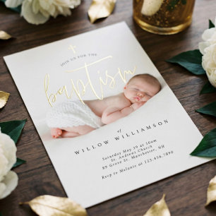 Invitation En Aluminium Calligraphie minimale d'or moderne Bébé Photo Bapt