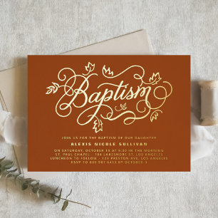 Invitation En Aluminium Calligraphie moderne feuillage Baptême Orange