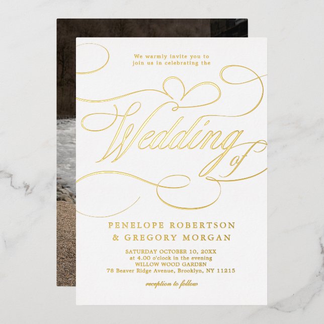 Invitation En Aluminium Calligraphie moderne mariage de photo or intempore (Recto/Verso)