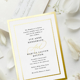 Invitation En Aluminium Calligraphie Moderne Mariage Noir et Blanc Or