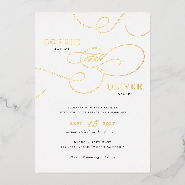 Invitation En Aluminium Calligraphie moderne Script Mariage élégant Or (Recto)