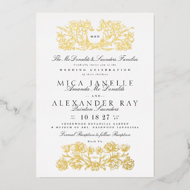 Invitation En Aluminium Calligraphie officielle Élégante huile d'or blanc (Recto)