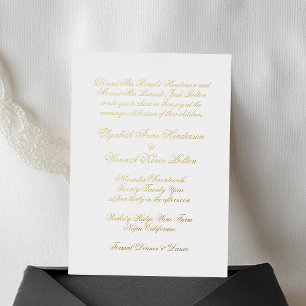 Invitation En Aluminium Calligraphie Or Réel et Mariage Classique Blanc