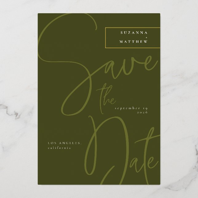 Invitation En Aluminium Calligraphie verte d'olive moderne Enregistrer la  (Recto)