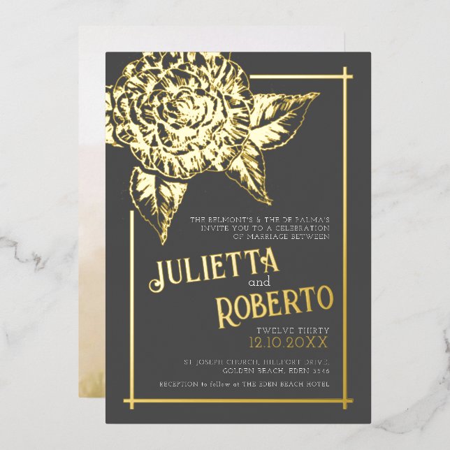Invitation En Aluminium Camélia encrée mariage brun et or (Recto/Verso)